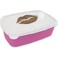 MuchoWow Broodtrommel Roze - Lunchbox Lip - Panterprint - Minimalistisch - Wit - Brooddoos 18x12x6 cm - Brood lunch box - Broodtrommels voor kinderen en volwassenen