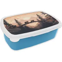 MuchoWow Broodtrommel Blauw - Lunchbox Beren - Bomen - Landschap - Zonsondergang - Brooddoos 18x12x6 cm - Brood lunch box - Broodtrommels voor kinderen en volwassenen
