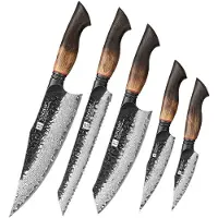 Xinzuo Messenset 5-delig – X06 Mo Series – Damascus Staal – Gebrand Eiken Handvat – Complete Keukenmessenset