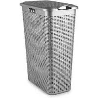 PlasticForte Smalle Wasmand met deksel Rotan - zilvergrijs - gevlochten kunststof - 48 liter - 27x46x60 cm