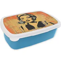 MuchoWow Broodtrommel Blauw - Lunchbox Retro - Vrouw - Koptelefoon - Oranje - Brooddoos 18x12x6 cm - Brood lunch box - Broodtrommels voor kinderen en volwassenen