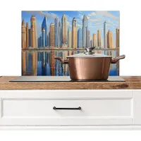 KitchenYeah Spatscherm keuken 60x40 cm - Kookplaat achterwand Skyline - Wolkenkrabbers - Water - Blauw - Muurbeschermer - Spatwand fornuis - Hoogwaardig aluminium