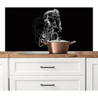 KitchenYeah Spatscherm keuken 120x60 cm - Kookplaat achterwand Lijntekening - Wit - Wielrennen - Snelheid - Muurbeschermer - Spatwand fornuis - Hoogwaardig aluminium