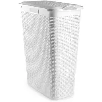 PlasticForte Smalle Wasmand met deksel Rotan - wit - gevlochten kunststof - 48 liter - 27 x 46 x 60 cm