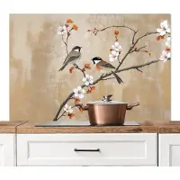 KitchenYeah Spatscherm keuken 120x80 cm - Kookplaat achterwand Vogels - Bloesemtak - Bloemen - Oranje - Muurbeschermer - Spatwand fornuis - Hoogwaardig aluminium