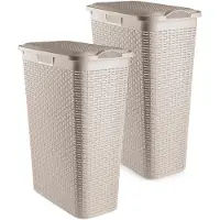 PlasticForte Smalle Wasmand met deksel Rotan - 2x - beige - gevlochten kunststof - 48 liter - 27 x 46 x 60 cm