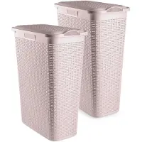 PlasticForte Smalle Wasmand met deksel Rotan - 2x - roze - gevlochten kunststof - 48 liter - 27 x 46 x 60 cm