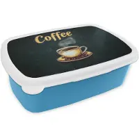 MuchoWow Broodtrommel Blauw - Lunchbox Koffie - Schotel - Koffiebonen - Retro - Brooddoos 18x12x6 cm - Brood lunch box - Broodtrommels voor kinderen en volwassenen