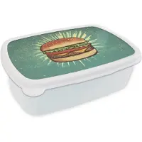 MuchoWow Broodtrommel Wit - Lunchbox Hamburger - Illustratie - Sla - Kaas - Brooddoos 18x12x6 cm - Brood lunch box - Broodtrommels voor kinderen en volwassenen