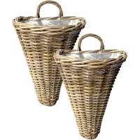 Van der leeden Wandhanger mand - 2x - bruin - 30 x 26 x 37 cm - rotan gevlochten - voor bloemen/planten - bloempot/plantenpot