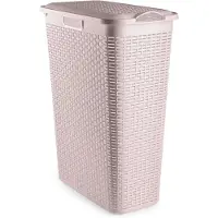 PlasticForte Smalle Wasmand met deksel Rotan - roze - gevlochten kunststof - 48 liter - 27x46x60 cm
