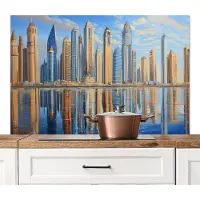 KitchenYeah Spatscherm keuken 120x80 cm - Kookplaat achterwand Skyline - Wolkenkrabbers - Water - Blauw - Muurbeschermer - Spatwand fornuis - Hoogwaardig aluminium