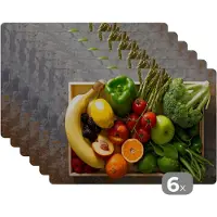 KitchenYeah Placemat - Placemats kunststof - Krat - Fruit - Regenboog - 45x30 cm - 6 stuks - Hittebestendig - Anti-Slip - Onderlegger - Afneembaar