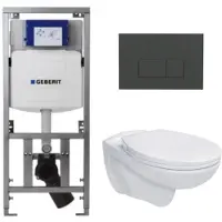 Geberit Adema Classico Toiletset - inbouwreservoir -toiletpot -basic toiletzitting - bedieningsplaat rechthoekige knoppen antraciet mat - wit SW1152613/SW1102377/0701131