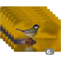 KitchenYeah Placemat - Placemats kunststof - Koolmees - Vogel - Water - 45x30 cm - 6 stuks - Hittebestendig - Anti-Slip - Onderlegger - Afneembaar