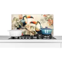 KitchenYeah Spatscherm keuken 90x45 cm - Kookplaat achterwand Toekan - Vogels - Bloemen - Tak - Muurbeschermer - Spatwand fornuis - Hoogwaardig aluminium