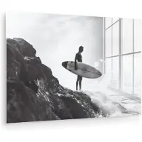 MuchoWow Glasschilderij 180x120 cm - Schilderij acrylglas - Surfer - Rots - Oceaan - Golven - Foto op glas - Muurdecoratie woonkamer - Wanddecoratie slaapkamer - Schilderijen