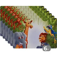 KitchenYeah Placemat - Placemats kunststof - Jungle - Jongens - Meiden - Baby - Olifant - Leeuw - Giraf - 45x30 cm - 6 stuks - Hittebestendig - Anti-Slip - Onderlegger - Afneembaar
