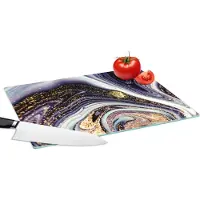 KitchenYeah Glazen Snijplank - 39x28 - Marmer - Paars - Luxe - Marmerlook - Glitter - Snijplanken Glas