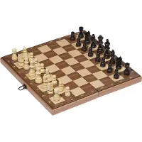 Goki schaakspel in een houten koffer met scharnieren