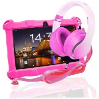AngelTech Kinderpakket Slim – Kindertablet Slim + Kinderkoptelefoon – Combipakket – Kindertablet Vanaf 3 Jaar – Kinder Tablet – Kids Tablet – Tablet voor Kinderen- Roze