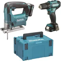 Makita accuschroefboormachine en reciprozaag set, 12 V (CLX237SAJ), bestaande uit DF333D / JV101D, met 2 accu's