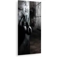 MuchoWow Glasschilderij 80x160 cm - Schilderij acrylglas - Bokshandschoenen - Muur - Duister - Zwart - Foto op glas - Muurdecoratie woonkamer - Wanddecoratie slaapkamer - Schilderijen