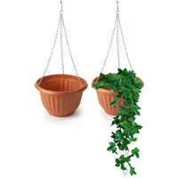 PlasticForte Plantenpot - 2x - hangend - kunststof - terracotta - D25 x H15 cm - bloempot aan ketting