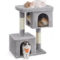 Feandrea Krabpaal met groot platform en 2 kattengrotten, Lichtgrijs / XL (68 x 48 x 101 cm)