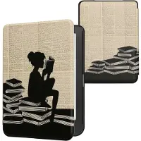 Kwmobile e-reader hoesje geschikt voor Kobo Clara HD hoes - E reader flip case met magnetische sluiting - Ereader cover - Meisje met boeken design in zwart / beige