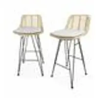 Sweeek Set van 2 barkrukken in rotan en metaal, beige kussens, 88cm hoog - Cahya