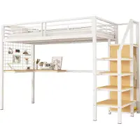Merax Hoogslaper 90x200 met Bureau en Kast - Kinderbed met Trap en Uitvalbeveiliging – Wit met Naturel Hout Bruin