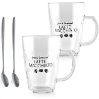 Merkloos Prachtige Latte Macchiato Set met Glazen en Bekers - Inhoud - 2 Lepels – 2 Glazen - Transparant Glas - 2x300ML –