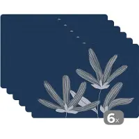 KitchenYeah Placemat - Placemats kunststof - Bloemen - Blauw - Planten - Natuur - 45x30 cm - 6 stuks - Hittebestendig - Anti-Slip - Onderlegger - Afneembaar