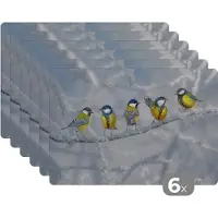 KitchenYeah Placemat - Placemats kunststof - Vogel - Koolmees - Winter - Sneeuw - Takken - 45x30 cm - 6 stuks - Hittebestendig - Anti-Slip - Onderlegger - Afneembaar