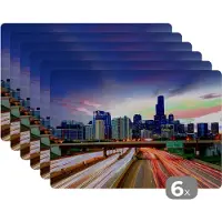 KitchenYeah Placemats - Chicago - Stad - Skyline - Licht - Auto - Amerika - Onderleggers - Onderleggers placemats - Placemat - 45x30 cm - 6 stuks