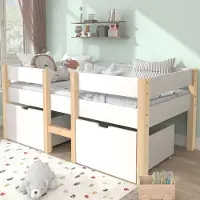Merax Halfhoogslaper - Kinderbed met 2 lades en fall-out bescherming - grenen-massief hout - 90x200 cm - Wit & Eiken - Zonder matras