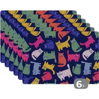 KitchenYeah Placemat kinderen - Placemat - Placemats kunststof - Patronen - Kat - Regenboog - Roze - Meisjes - Kinderen - Kindje - 45x30 cm - 6 stuks - Hittebestendig - Anti-Slip - Onderlegger - Afneembaar