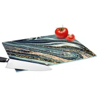 KitchenYeah Glazen Snijplank - 39x28 - Marmer - Goud - Blauw - Glitter - Marmerlook - Abstract - Snijplanken Glas