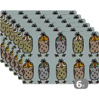 KitchenYeah Placemat - Placemats kunststof - Patronen - Uil - Blauw - 45x30 cm - 6 stuks - Hittebestendig - Anti-Slip - Onderlegger - Afneembaar