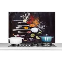 KitchenYeah Spatscherm keuken 100x65 cm - Kookplaat achterwand Kruiden - Lepels - Specerijen - Industrieel - Muurbeschermer - Spatwand fornuis - Hoogwaardig aluminium