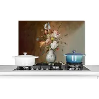 KitchenYeah - Spatscherm - Kunst - Schilderij - Bloemen - Vaas - Oude meesters - Keuken spatscherm - Muurbeschermer - Spatwand - 90x60 cm