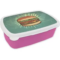 MuchoWow Broodtrommel Roze - Lunchbox Hamburger - Illustratie - Sla - Kaas - Brooddoos 18x12x6 cm - Brood lunch box - Broodtrommels voor kinderen en volwassenen