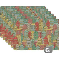 KitchenYeah Placemat - Placemats kunststof - Huis - Patronen - Pastel - 45x30 cm - 6 stuks - Hittebestendig - Anti-Slip - Onderlegger - Afneembaar