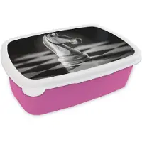 MuchoWow Broodtrommel Roze - Lunchbox Paard - Hout - Schaalbord - Zwart - Brooddoos 18x12x6 cm - Brood lunch box - Broodtrommels voor kinderen en volwassenen