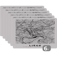 KitchenYeah Placemat - Placemats kunststof - Kaart – Plattegrond – Stadskaart – Liège – België – Zwart Wit - 45x30 cm - 6 stuks - Hittebestendig - Anti-Slip - Onderlegger - Afneembaar