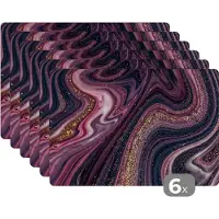 KitchenYeah Placemat - Placemats kunststof - Marmerlook - Roze - Paars - Goud - Luxe - Marmer - 45x30 cm - 6 stuks - Hittebestendig - Anti-Slip - Onderlegger - Afneembaar