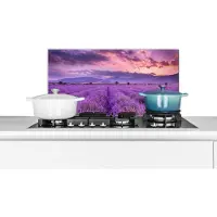 KitchenYeah Spatscherm keuken - Bloemen - Lavendel - Berg - Paars - Wolken - Spatwand - 70x30 cm - Muurbeschermer - Muurbeschermer - Spatscherm natuur