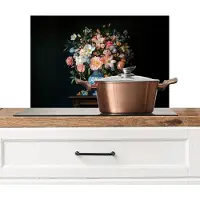 KitchenYeah Spatscherm keuken 70x50 cm - Kookplaat achterwand Roze - Bloemen - Vaas - Kleuren - Muurbeschermer - Spatwand fornuis - Hoogwaardig aluminium