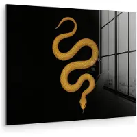MuchoWow Glasschilderij 160x120 cm - Schilderij acrylglas - Slang - Minimalistisch - Goud - Foto op glas - Muurdecoratie woonkamer - Wanddecoratie slaapkamer - Schilderijen